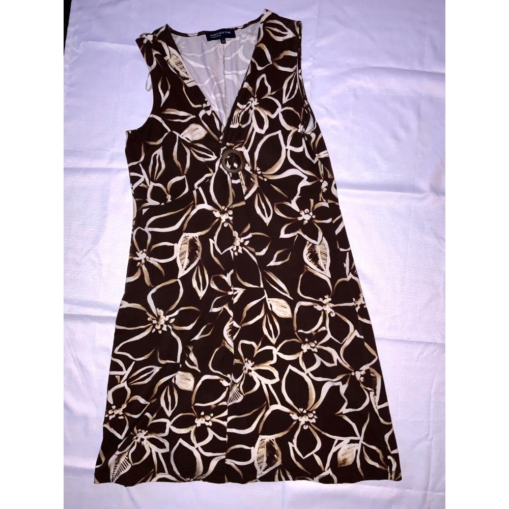 Jones New York Floral Print Sleeveless‎ Dress Brown V-Neck Casual Size 6
